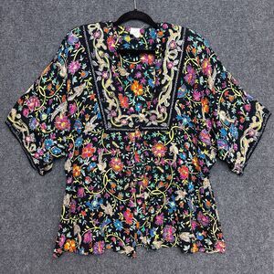 VTG Gottex Black Birds Tunic Cover Up 70s Tropical Beach Boho Art to Wear L